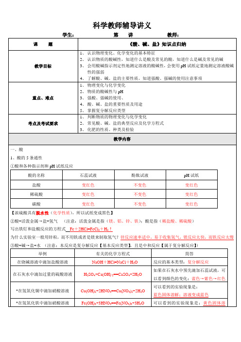 九上科学酸碱盐知识点填空及答案