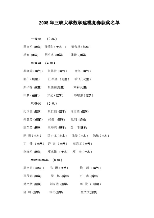 2008年三峡大学数学建模竞赛获奖名单