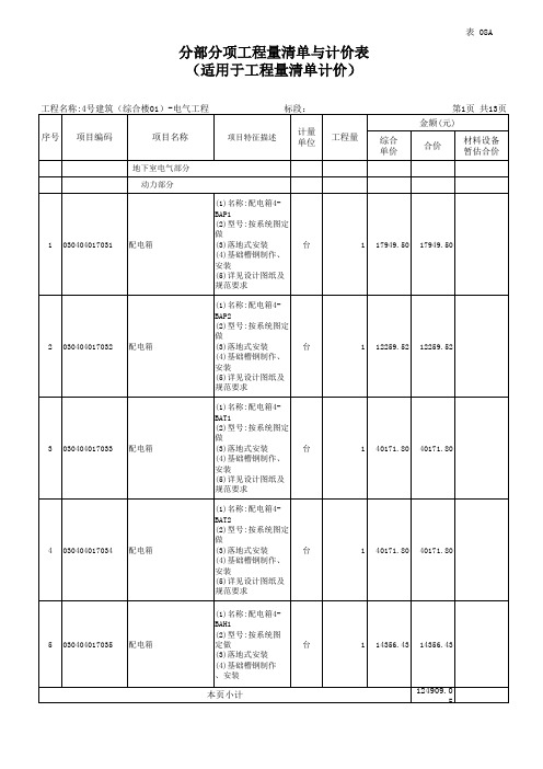 电气工程分部分项工程量清单与计价表