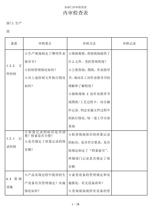 各部门内审检查表