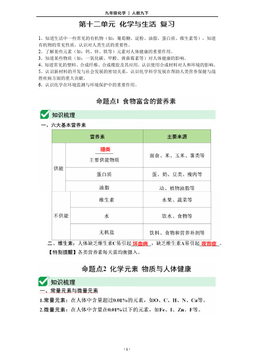 九年级化学复习：第十二单元 化学与生活 复习(人教版)