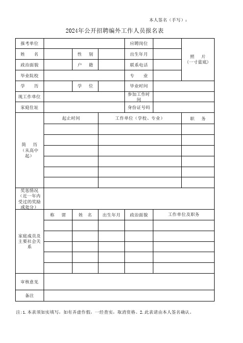 2024年公开招聘编外工作人员报名表