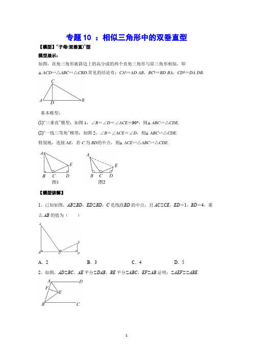 专题10 ：相似三角形中的双垂直型 学生版