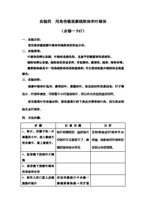 生物实验四：用高倍镜观察线粒体和叶绿体(必修1)