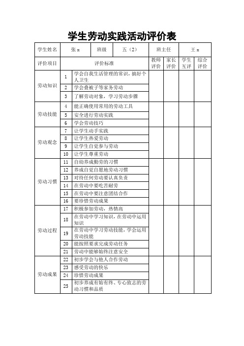 学生劳动实践活动评价表