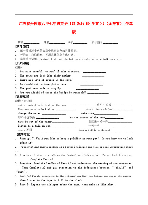 江苏省丹阳市八中七年级英语《7B Unit 6》学案(4)(无答案) 牛津版