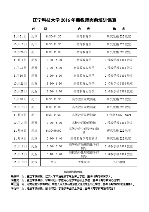 辽宁科技大学2016年新教师岗前培训课表