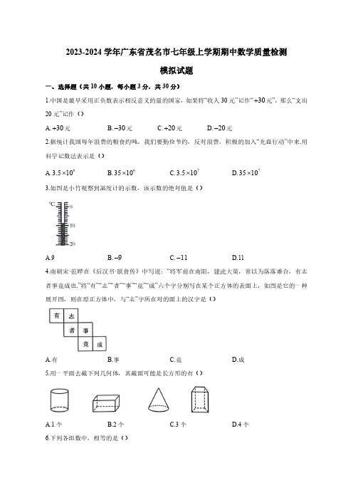 2023-2024学年广东省茂名市七年级上学期期中数学质量检测模拟试题(含解析)