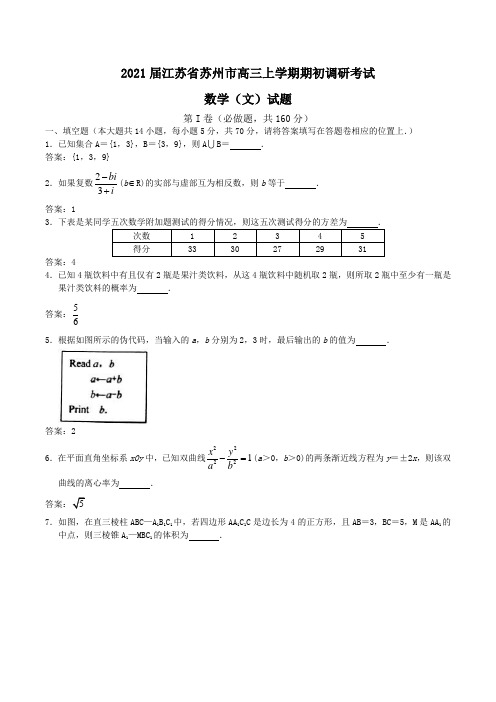 2021届江苏省苏州市高三上学期期初调研考试数学(文)试题Word版含答案