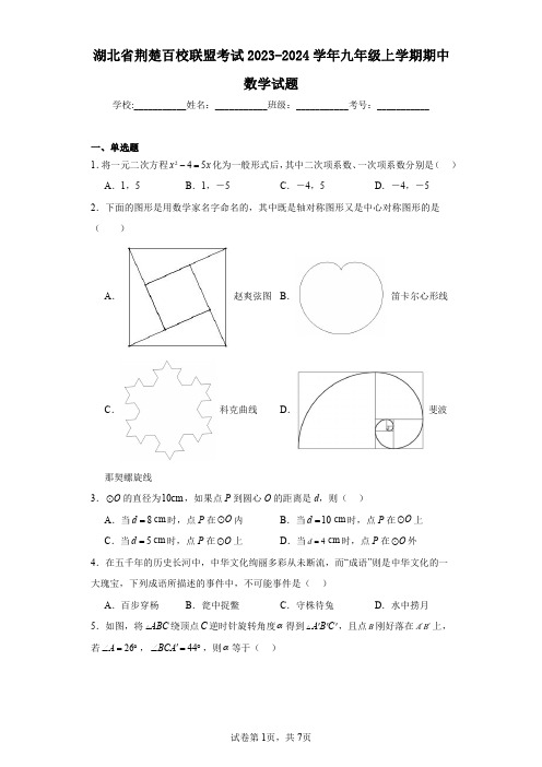 湖北省荆楚百校联盟考试2023-2024学年九年级上学期期中数学试题