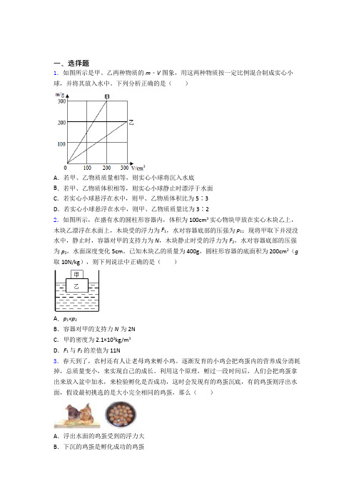 中考物理第十章浮力知识归纳总结含答案