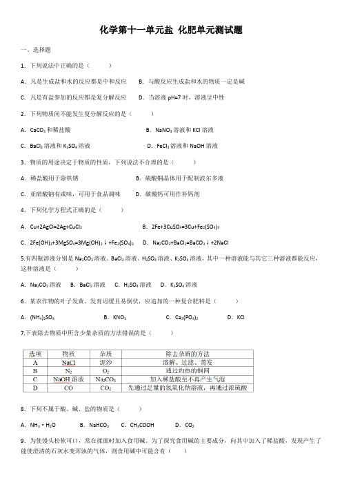 人教版九年级下册化学 第十一单元 盐 化肥 单元测试试题(含答案)