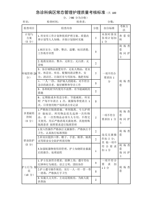 急诊科病区常态管理护理质量考核标准