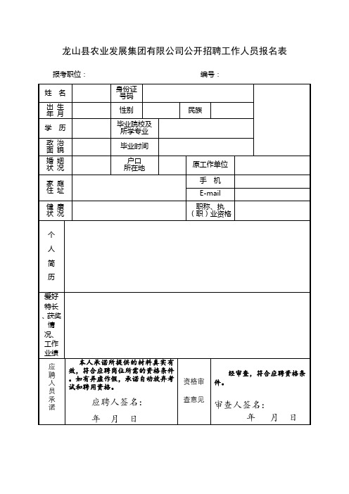 龙山县农业发展集团有限公司公开招聘工作人员报名表【模板】