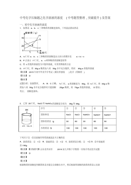 中考化学压轴题之化学溶液的浓度(中考题型整理,突破提升)及答案