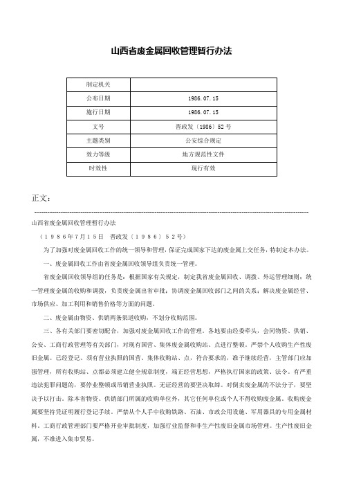 山西省废金属回收管理暂行办法-晋政发〔1986〕52号