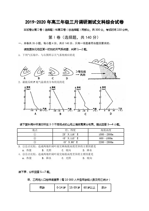 2019-2020年高三年级三月调研测试文科综合试卷