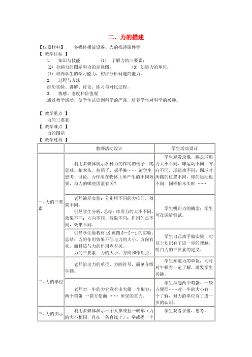 八年级物理下册7.2力的描述教案教科版