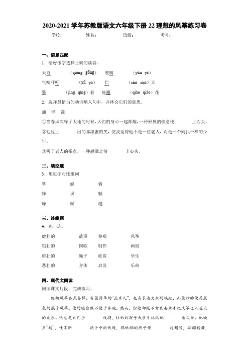 2020-2021学年苏教版语文六年级下册22理想的风筝练习卷