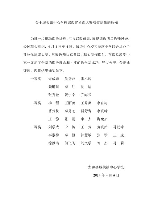 关于城关中心学校课改优质课评比结果的通知