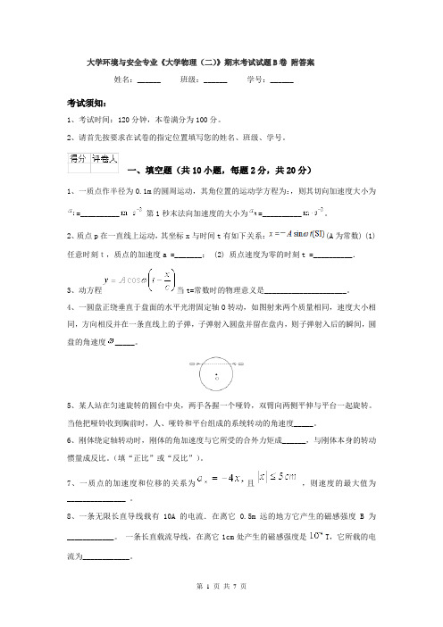 大学环境与安全专业《大学物理（二）》期末考试试题B卷 附答案