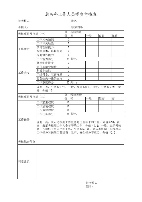 总务科工作人员考核表