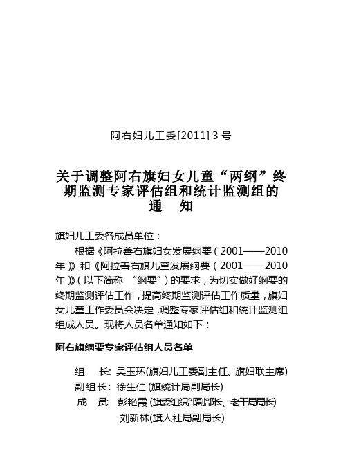 阿右妇儿工委3号(关于调整阿右旗妇女儿童“两纲”终期监测专家评估组和统计监测组的的通知)