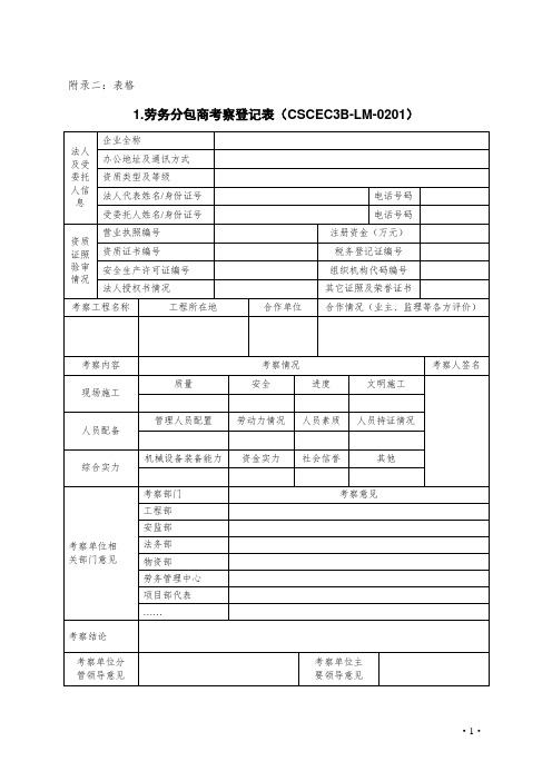 专业分包商考察登记表