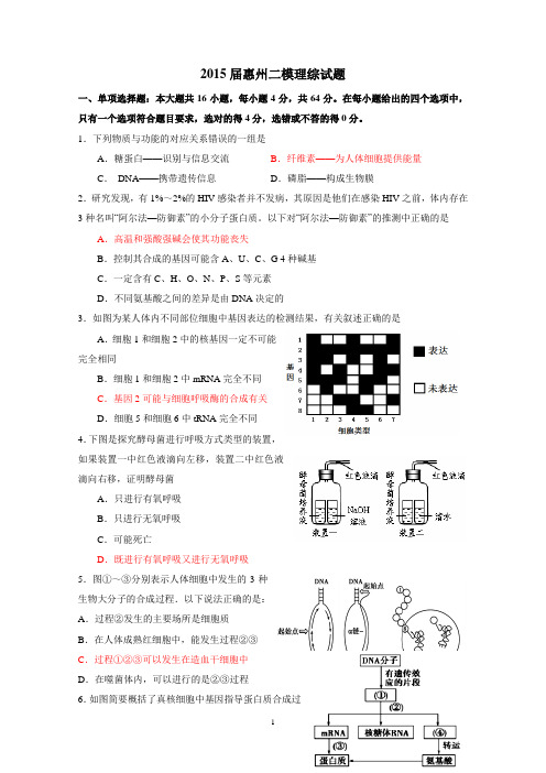 2015年惠州二模理综高清版