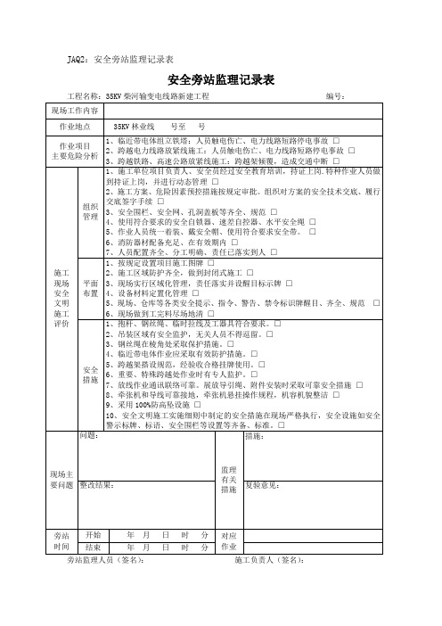 输电线路安全旁站监理记录模板(标准)