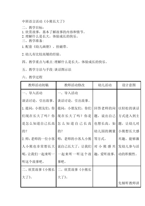 中班语言活动《小熊长大了》