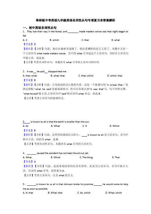 译林版中考英语九年级英语名词性从句专项复习含答案解析