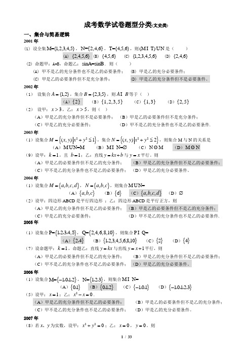 历年成人高考文史类数学(2001-2008)试题(含答案与解答讲解提示)