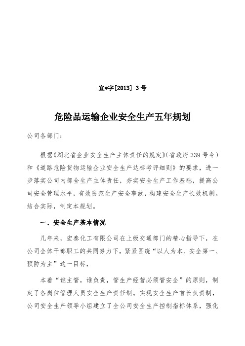 危险品运输企业安全生产五年规划