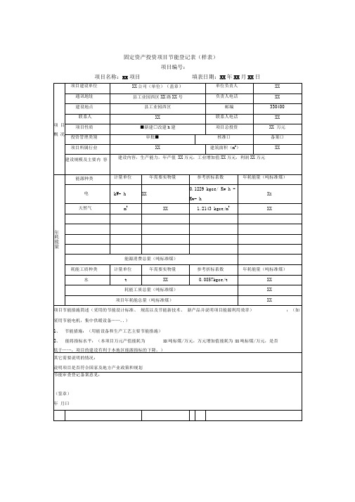 固定资产投资项目节能登记表(标准版)