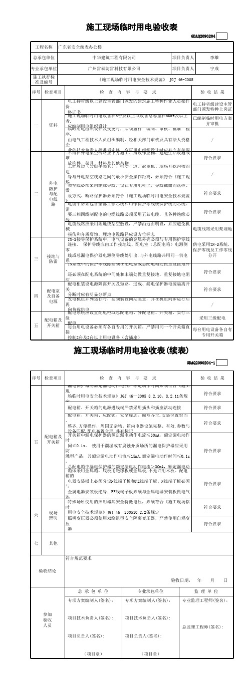 5、施工现场临时用电验收表(含续表)GDAQ2090204