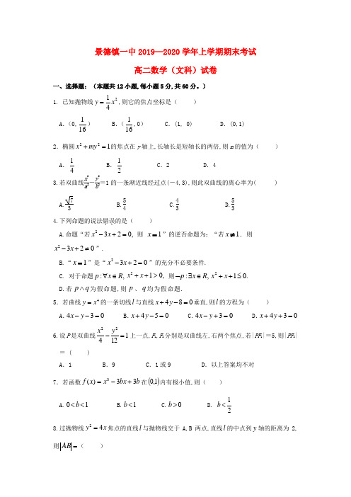 江西省景德镇一中2019—2020学年高二数学上学期期末考试试题文