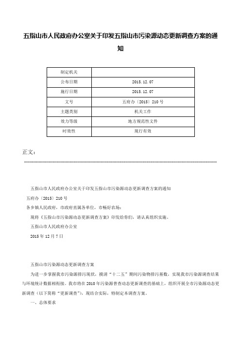 五指山市人民政府办公室关于印发五指山市污染源动态更新调查方案的通知-五府办〔2015〕210号