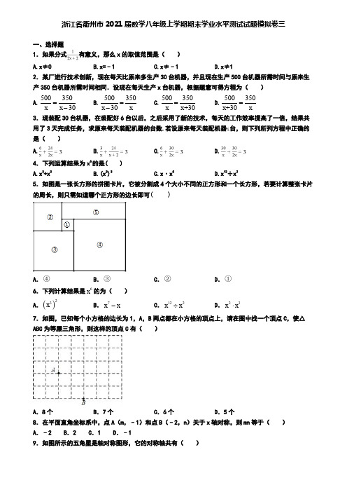 浙江省衢州市2021届数学八年级上学期期末学业水平测试试题模拟卷三