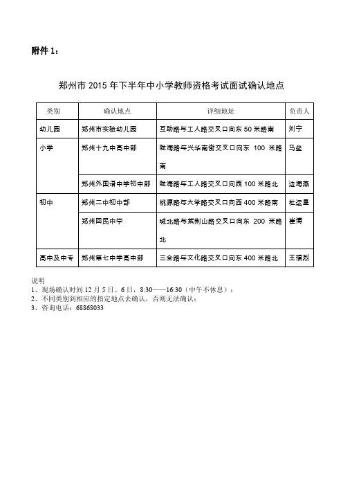 郑州市2015年下半年中小学教师资格考试面试现场确认地点