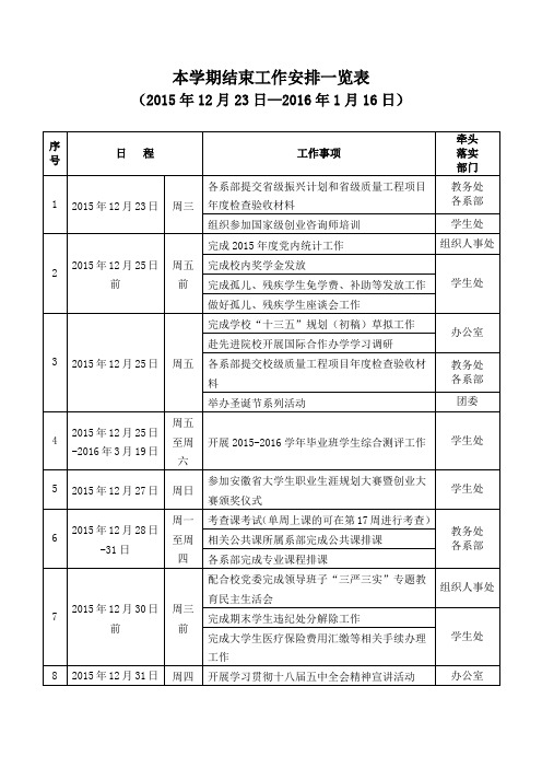 本学期结束工作安排一览表