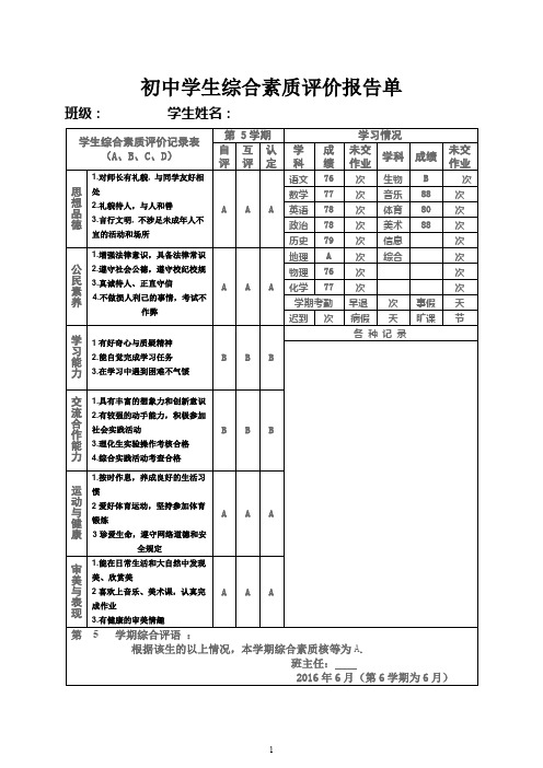 综合素质评价样表(每人一张)