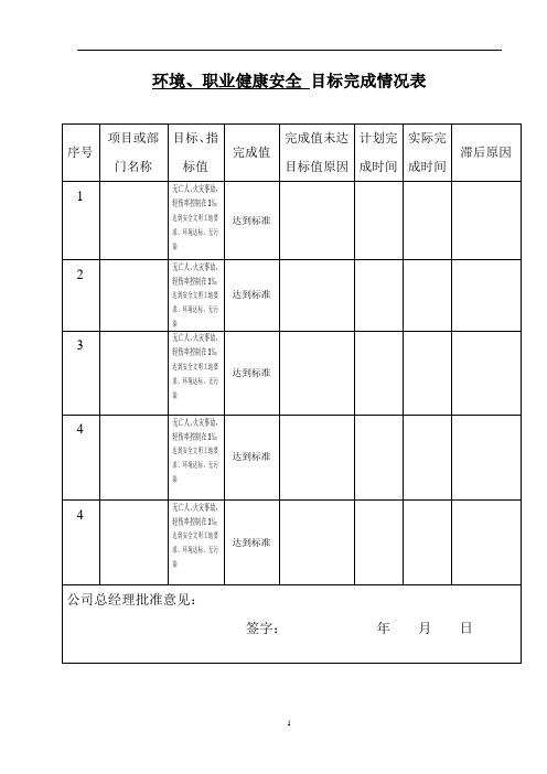 环境、职业安全健康目标完成情况表