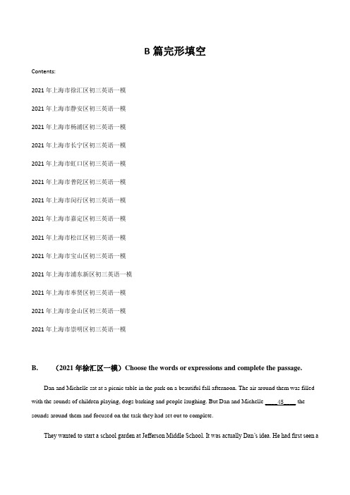 专题06 B篇完形填空 2021年上海中考英语一模分项汇编(原卷+解析版)