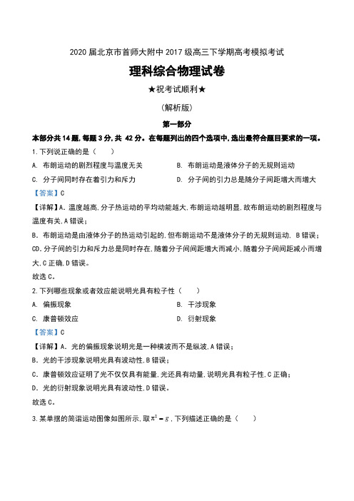 2020届北京市首师大附中2017级高三下学期高考模拟考试理科综合物理试卷及解析