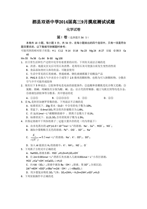 安徽省泗县双语中学2014届高三9月摸底测试 化学试题