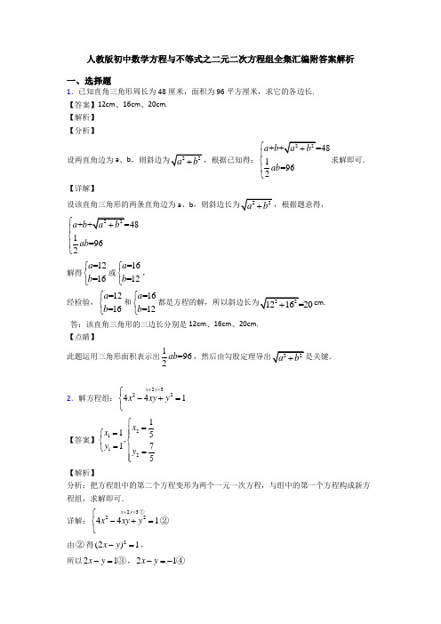 人教版初中数学方程与不等式之二元二次方程组全集汇编附答案解析