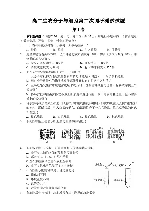 高二生物分子与细胞第二次调研测试试题