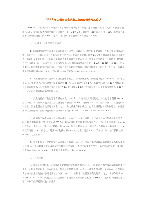 2011年白银市规模以上工业能源消费情况分析