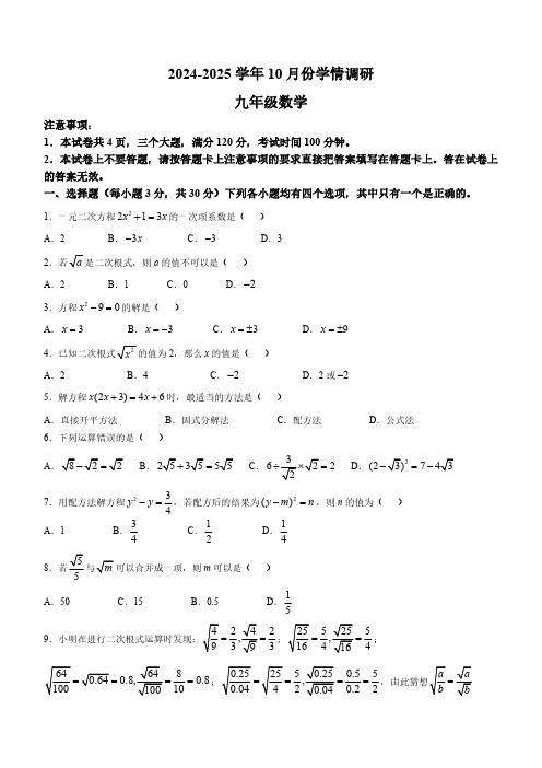 河南省洛阳市洛宁县2024-—2025学年九年级上学期10月月考数学试题(含答案)